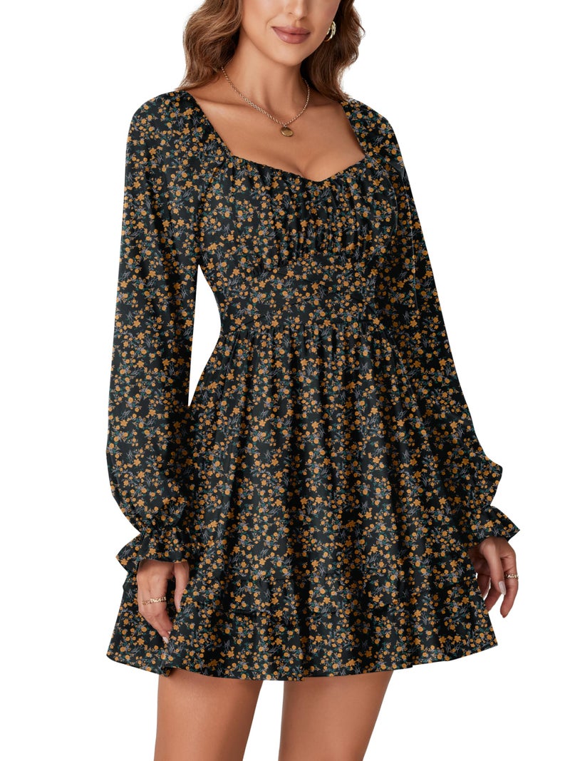 KIFOVEN Women's Print Lantern Long Sleeve Smocked Wrap Tiered Ruffle Flowy A Line Short Mini Dress Yellow Flower X-Small - Image 4