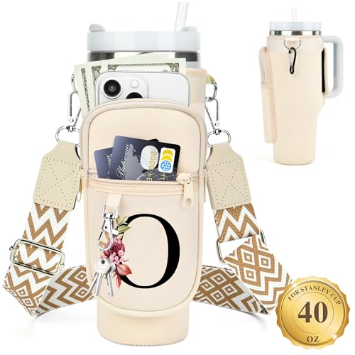 LOKASS Personalized Water Bottle Holder with Strap for Stanley Cup Accessories 40 oz Initial Stanley Cup Holder Carrier Bag with Phone Pocket Stylish Tumbler Accessories for Everyday Carry Beige O - Image 1