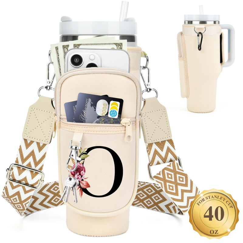 LOKASS Personalized Water Bottle Holder with Strap for Stanley Cup Accessories 40 oz Initial Stanley Cup Holder Carrier Bag with Phone Pocket Stylish Tumbler Accessories for Everyday Carry Beige O - Image 2