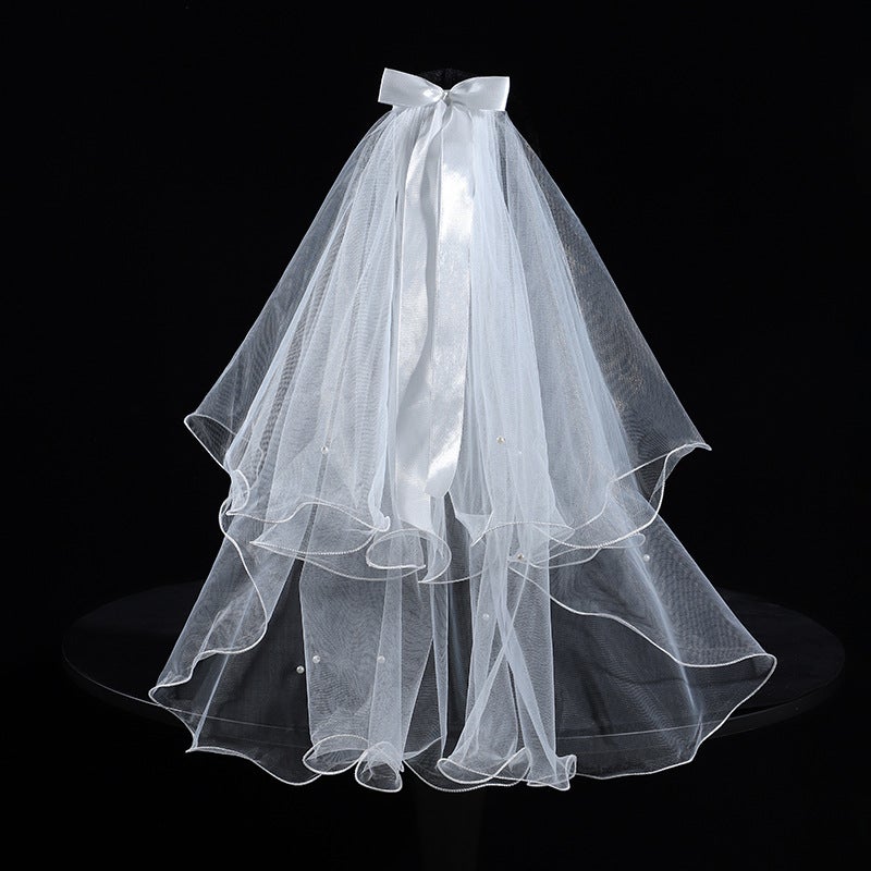 Veil Bridal Main Wedding Headdress Short Bow Ribbon Mori Beautiful Wedding License Pography Pography Hair Accessories - Image 1