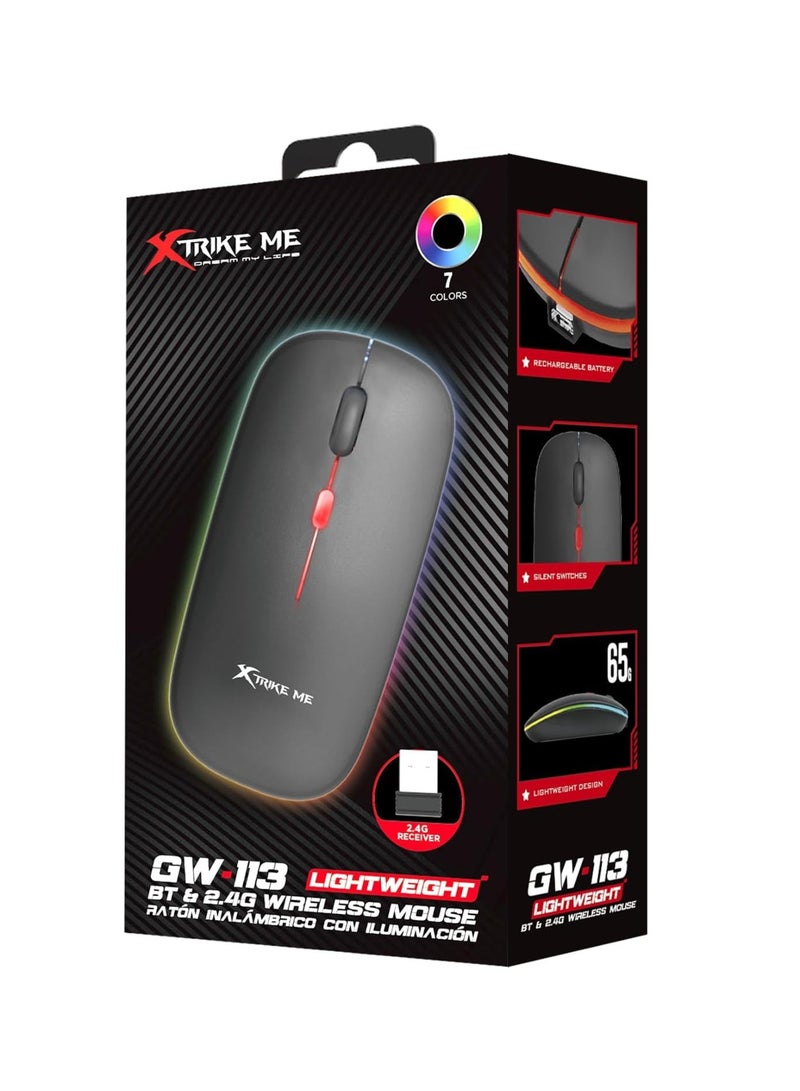 XTRIKE ME ماوس GW-113 اللاسلكي ذو الوضعين، تصميم مريح، DPI قابل للتعديل، نقرات صامتة، بطارية قابلة للشحن - Image 1