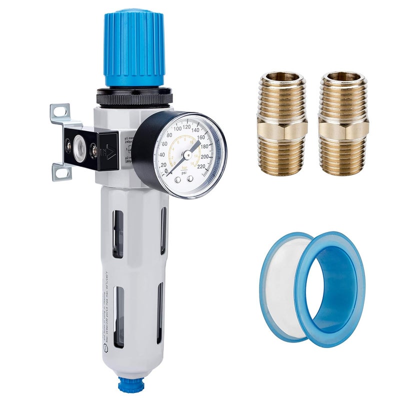 NANPU 3/8" NPT High Pressure Compressed Air Filter Regulator Water/Oil Trap Separator - Gauge(0-230 psi), Poly Bowl,Semi-Auto Drain, Bracket - Image 1