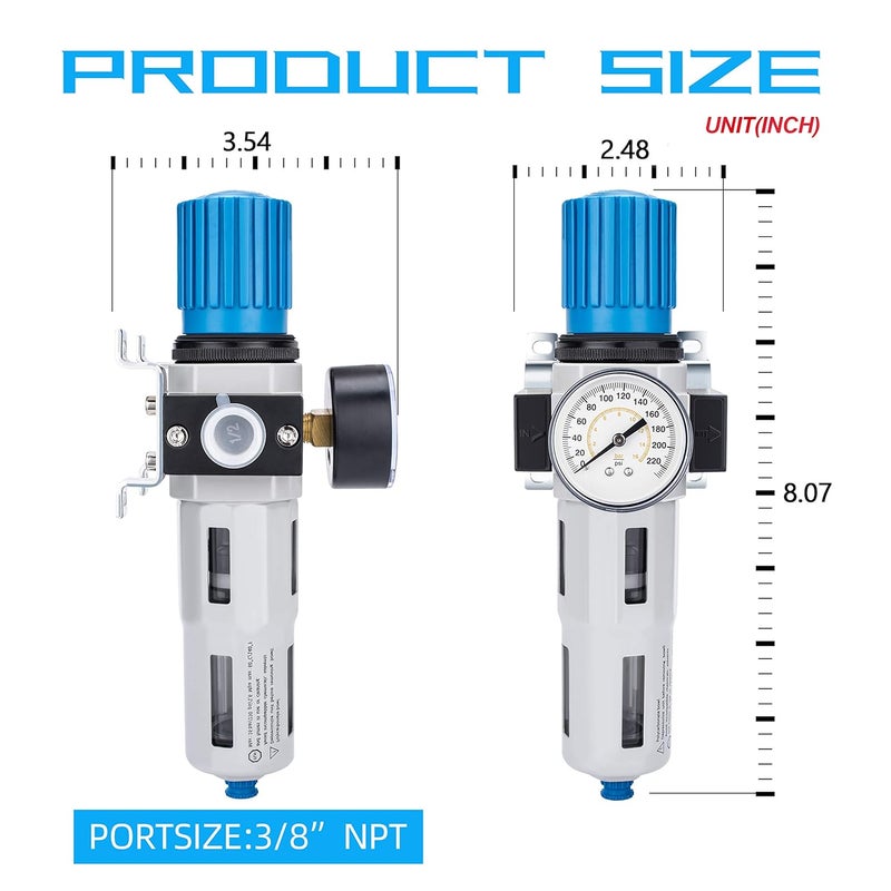 NANPU 3/8" NPT High Pressure Compressed Air Filter Regulator Water/Oil Trap Separator - Gauge(0-230 psi), Poly Bowl,Semi-Auto Drain, Bracket - Image 3