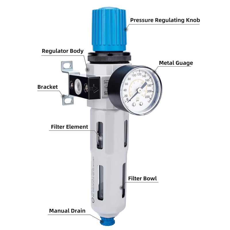 NANPU 3/8" NPT High Pressure Compressed Air Filter Regulator Water/Oil Trap Separator - Gauge(0-230 psi), Poly Bowl,Semi-Auto Drain, Bracket - Image 2