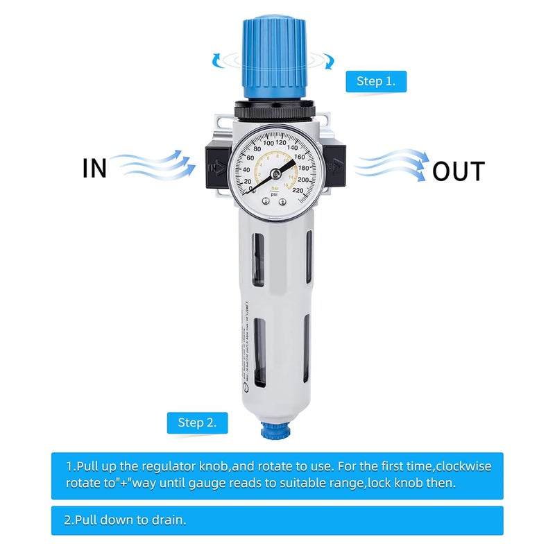 NANPU 3/8" NPT High Pressure Compressed Air Filter Regulator Water/Oil Trap Separator - Gauge(0-230 psi), Poly Bowl,Semi-Auto Drain, Bracket - Image 4