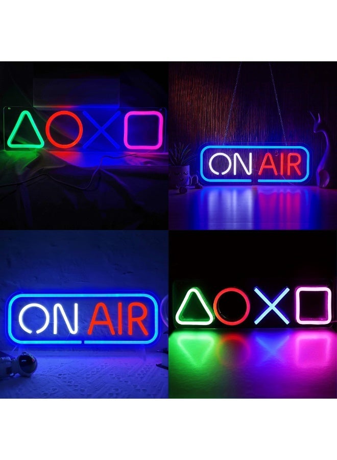 مجموعة من مصابيح نيون LED بتصميم أيقونة PS وشعار ON AIR، وإضاءة ألعاب ملونة على شكل مثلث ودائرة وصليب ومربع، ومصباح جداري يعمل بمنفذ USB بجهد منخفض، مثالي لغرف الألعاب وغرف النوم وإعدادات البث المباشر والحانات والحفلات، مع لوحة خلفية متينة من الأكريليك، مثالي لعشاق الألعاب. مصباح نيون LED بتصميم شعار ON AIR، وإضاءة جدارية من الأكريليك تعمل بمنفذ USB، مثالية للبث المباشر واستوديوهات البودكاست وغرف التسجيل وغرف الألعاب والاستوديوهات المنزلية. هدية ديكور مثالية لمنشئي المحتوى والمؤثرين. - Image 1