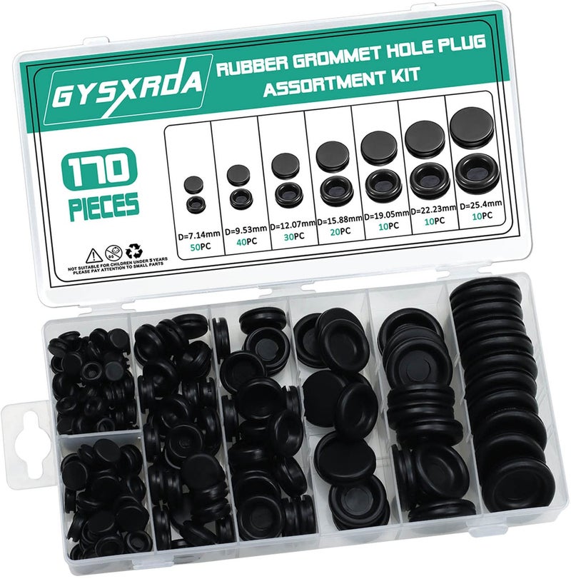 Gysxrda Rubber Grommet Kit 170 Pack - Black Firewall Grommet Assortment 7 Sizes Rubber Cable Hole Plug for Holes, Electrical, Plumbing, Automotive, Boat, Home Improvement Cord Wire Pipe Organization - Image 1