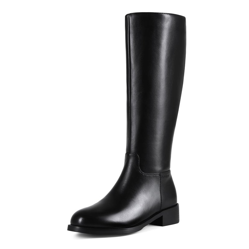 Abbleet 2026NEW Knee High Boots Winter Wide Calf Black Boots for Women Round Toe Side Zipper Low Block Heel Boots with Tall - Image 1