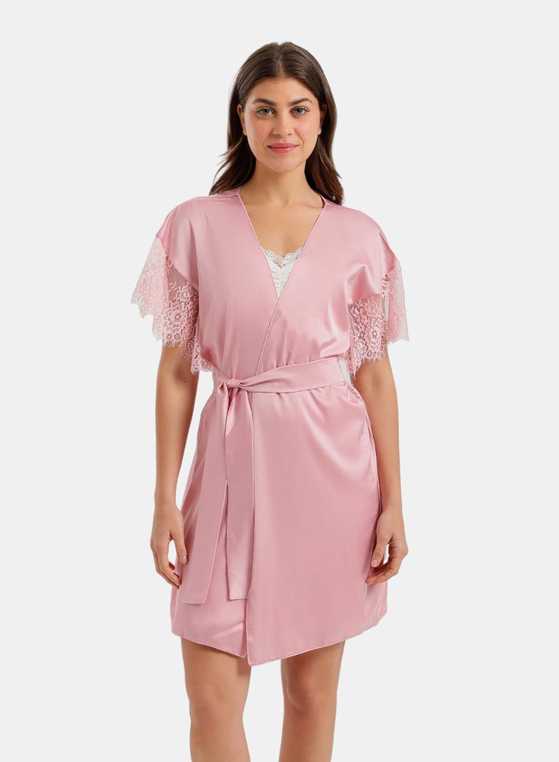 Carina Lace-Sleeve Satin Robe - Image 1