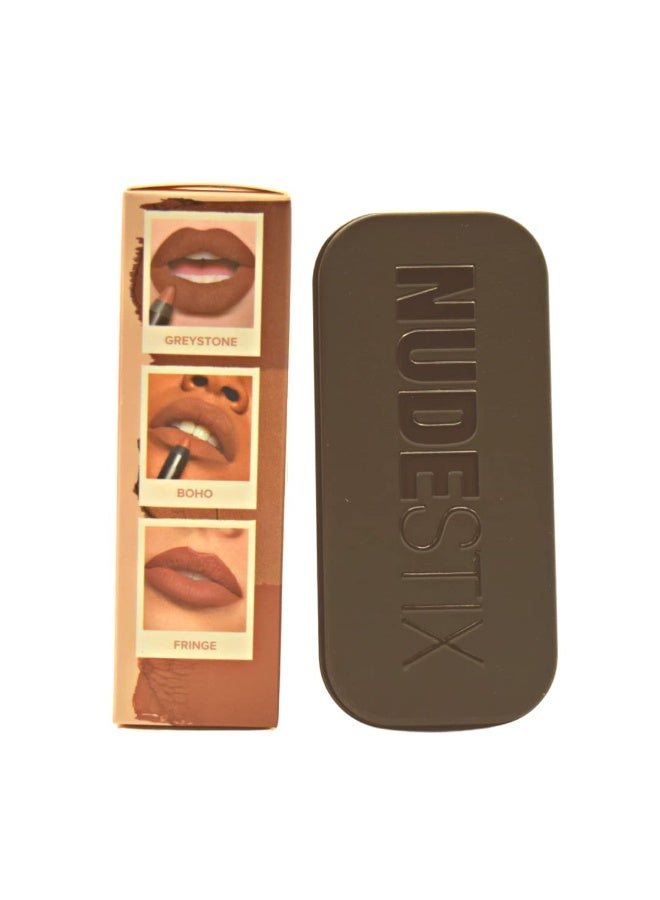 نوديستكس مجموعة Nudestix 90's Nude Lips، عبوة من 3 قطع: أحمر شفاه مغناطيسي مطفي بلون رمادي حجري 2.5 غرام ولون بوهو 2.5 غرام، وقلم تحديد شفاه وخدود مطفي مكثف 2.5 غرام بلون هامشي. - Image 1