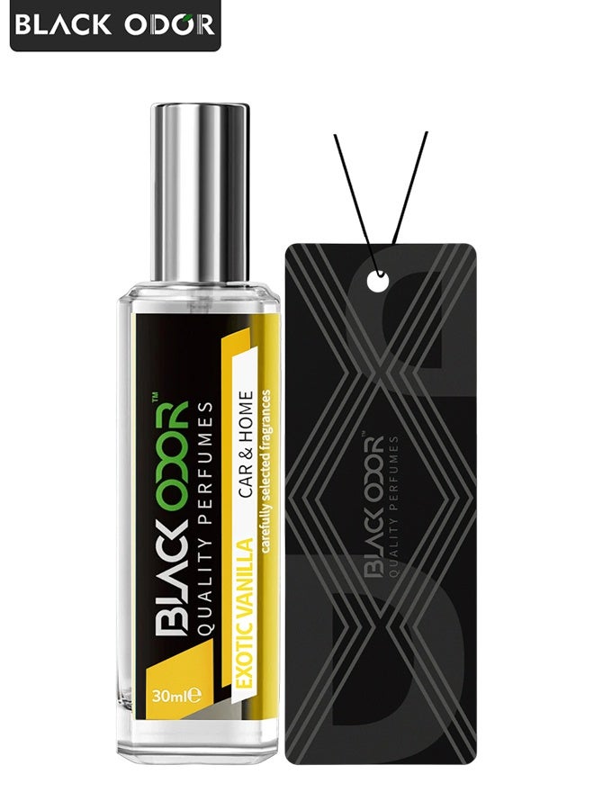 BLACK ODOR Exotic Vanilla Car u0026 Home Perfume 30ml Long-Lasting Liquid Air Freshener Spray with Hanging Tag, Essential Oil Blend, No Gas u0026 Alcohol-Free Fragrance for Car, Bedroom, Living Room, Office u0026 Washroom, BO-34 - Image 1