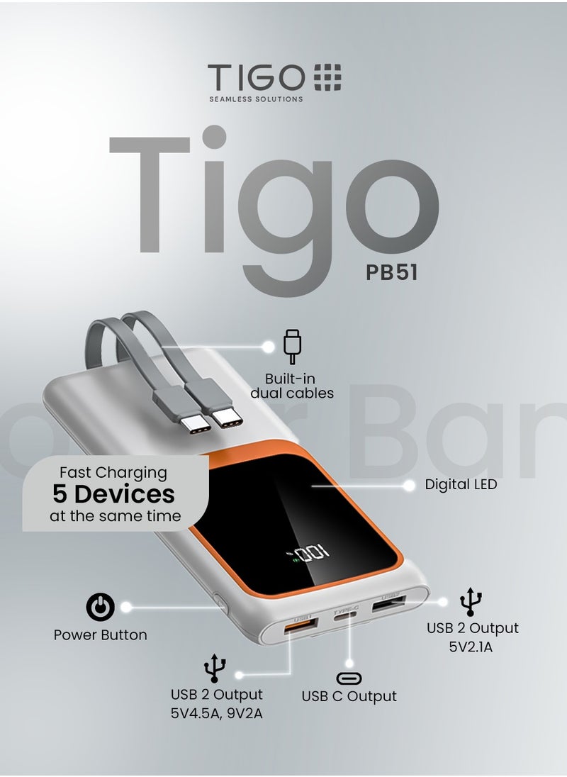 T I G O 10000mAh Super Fast Charging Power Bank With 2 Built in Cables, USB C Battery Pack 5 Outputs 4 Inputs with LED Type C Display, 22.5W Fast Charging Portable Charger Compatible with Smartphones and more White  - Image 2