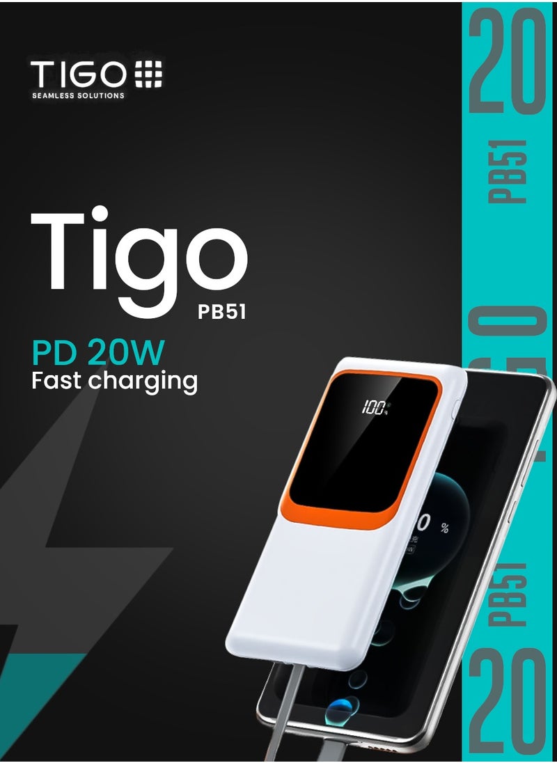 T I G O 10000mAh Super Fast Charging Power Bank With 2 Built in Cables, USB C Battery Pack 5 Outputs 4 Inputs with LED Type C Display, 22.5W Fast Charging Portable Charger Compatible with Smartphones and more White  - Image 3