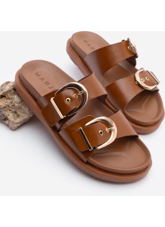 MARJIN Women's Leather Double Band Buckled Casual Slippers Gepso  - Image 1