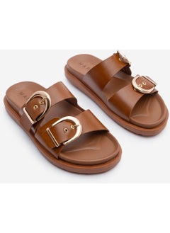 MARJIN Women's Leather Double Band Buckled Casual Slippers Gepso  - Image 3