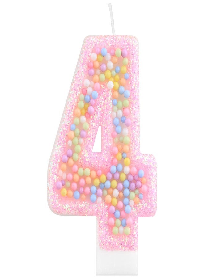 iNINGER Birthday Number Candles,Handmade Macaron 3D Flash Number 4 Candle,Suitable for Girls Macaron Pastel Rainbow Pink Cake Topper for Sweet Theme Party Decoration,Weddings,Anniversaries - Image 1