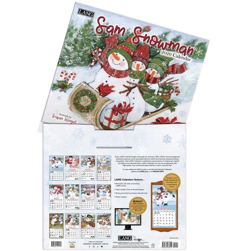 Lang Sam Snowman 2026 Wall Calendar â€“ 12-Month Calendar with Stapled Binding, Whimsical Snowman Artwork by Susan Winget, 13.4" Ã— 12" - Image 4