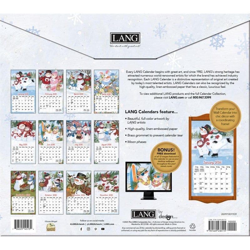 Lang Sam Snowman 2026 Wall Calendar â€“ 12-Month Calendar with Stapled Binding, Whimsical Snowman Artwork by Susan Winget, 13.4" Ã— 12" - Image 3