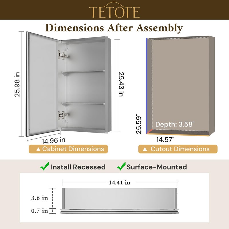 TETOTE 15 x 26 Bathroom Mirror with Storage with Tempered Beveled Mirror Silver Medicine Cabinet Aluminum Cabinet DTC Hinges, Stepless Adjustable Shelves, Recessed/Surface-Mounted - Image 2