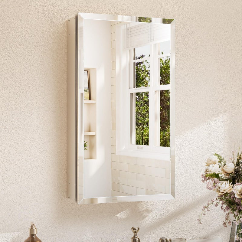 TETOTE 15 x 26 Bathroom Mirror with Storage with Tempered Beveled Mirror Silver Medicine Cabinet Aluminum Cabinet DTC Hinges, Stepless Adjustable Shelves, Recessed/Surface-Mounted - Image 1