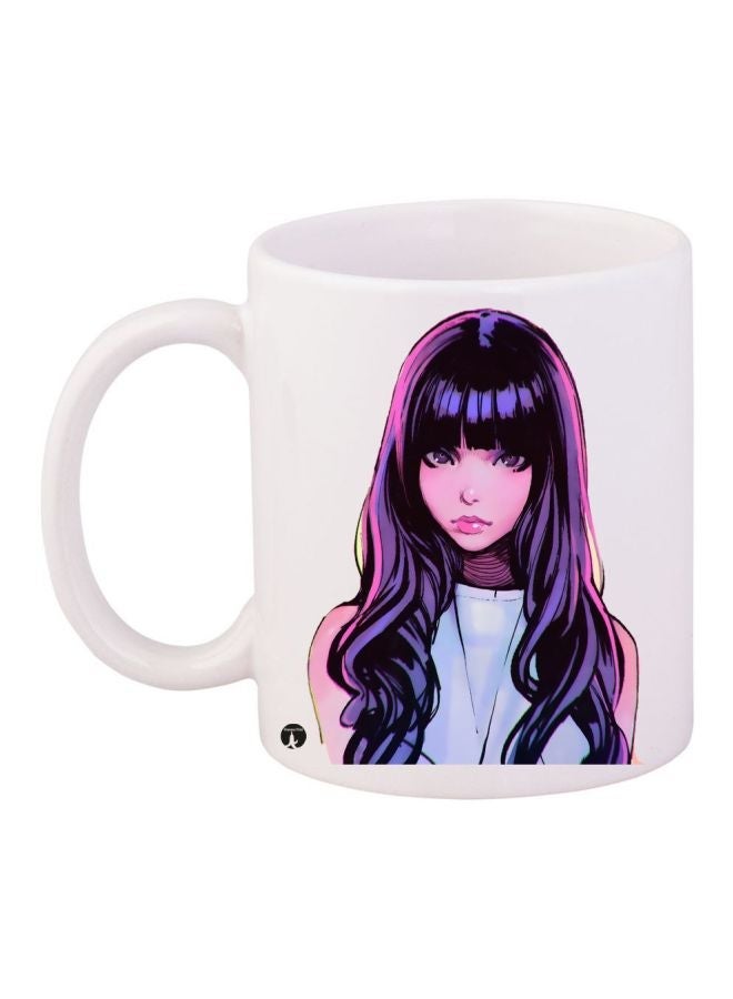 RYN Cartoon Girl Printed Coffee Mug White/Purple/Black 11ounce