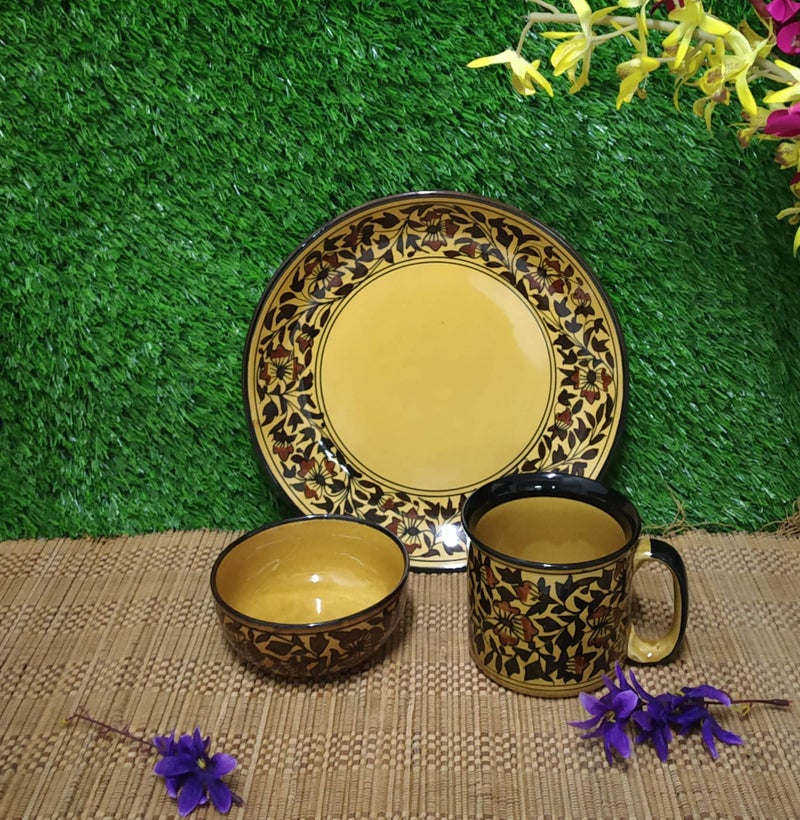 Caffeine Ceramic Handmade Brown Sehra Breakfast Gifting Set (Set of 3) - Image 1