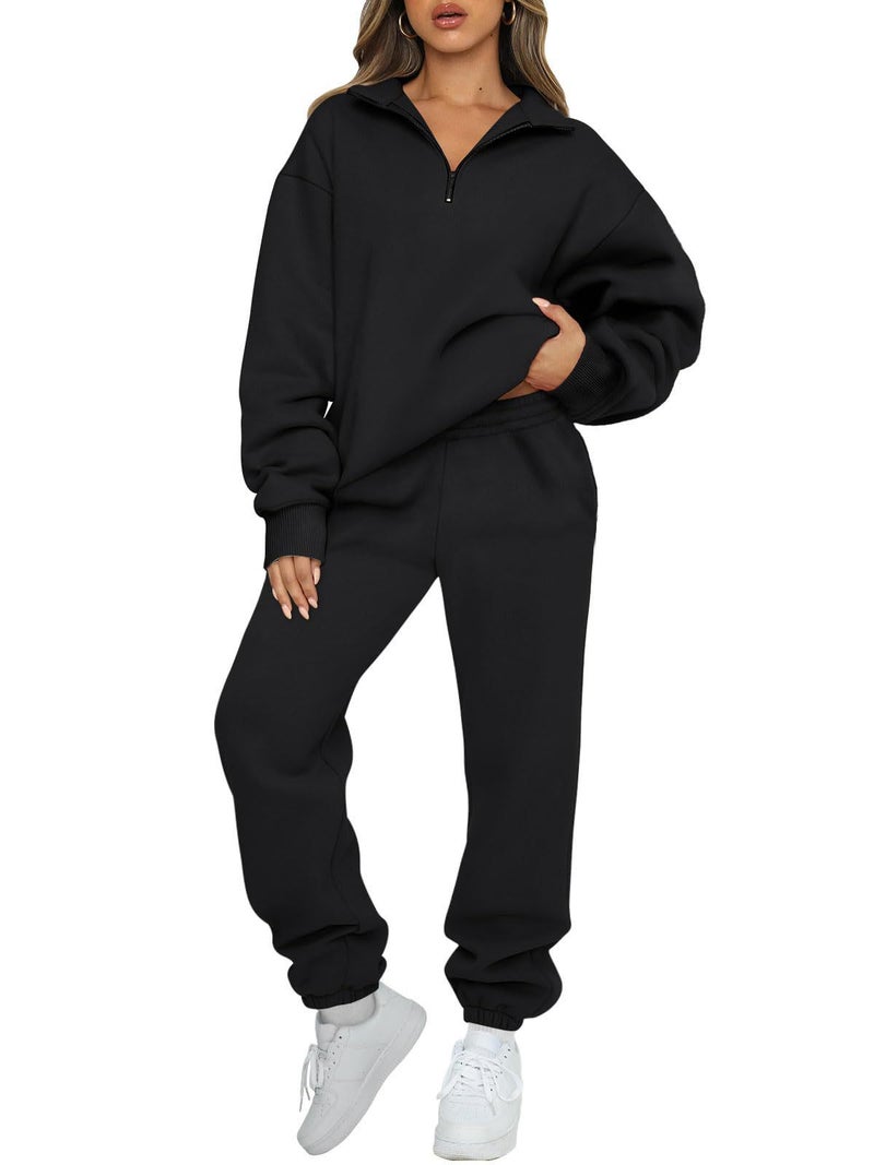 2023 New Cross-border Amazon Europe and America Hot Womens Solid Color Pocket-free Sweater Pants Sweatshirt suit Black - Image 1