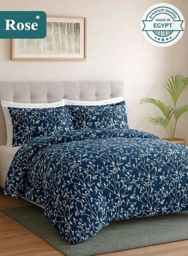 Rose Floral Comforter Set, High Quality Microfiber, 6 Pieces, Fits 200x200 cm Double Size Bed, Soft Cooling Breathable, Stylish Printed Elegance, King Size Comforter, Dark Blue - Image 1