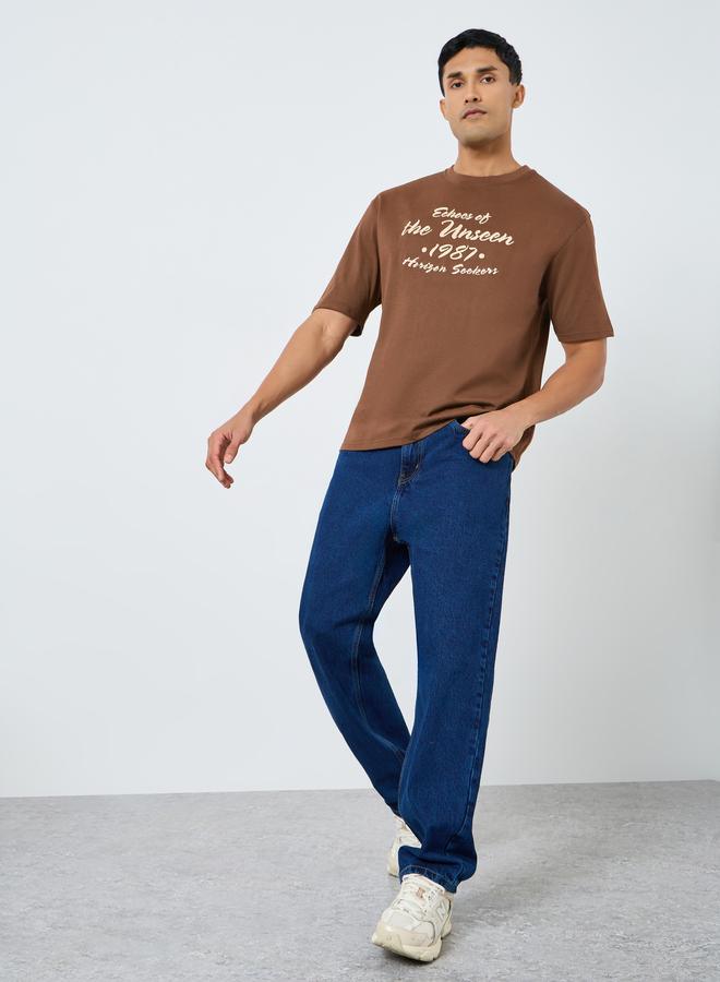 Styli Men Brown Embroidered Slogan Oversized T-Shirt - Image 2
