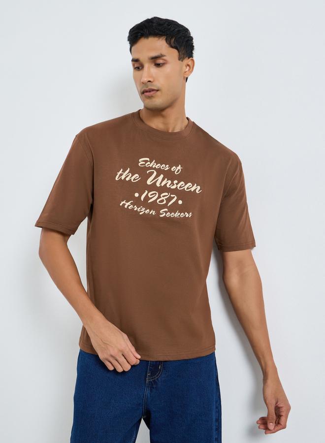 Styli Men Brown Embroidered Slogan Oversized T-Shirt - Image 1