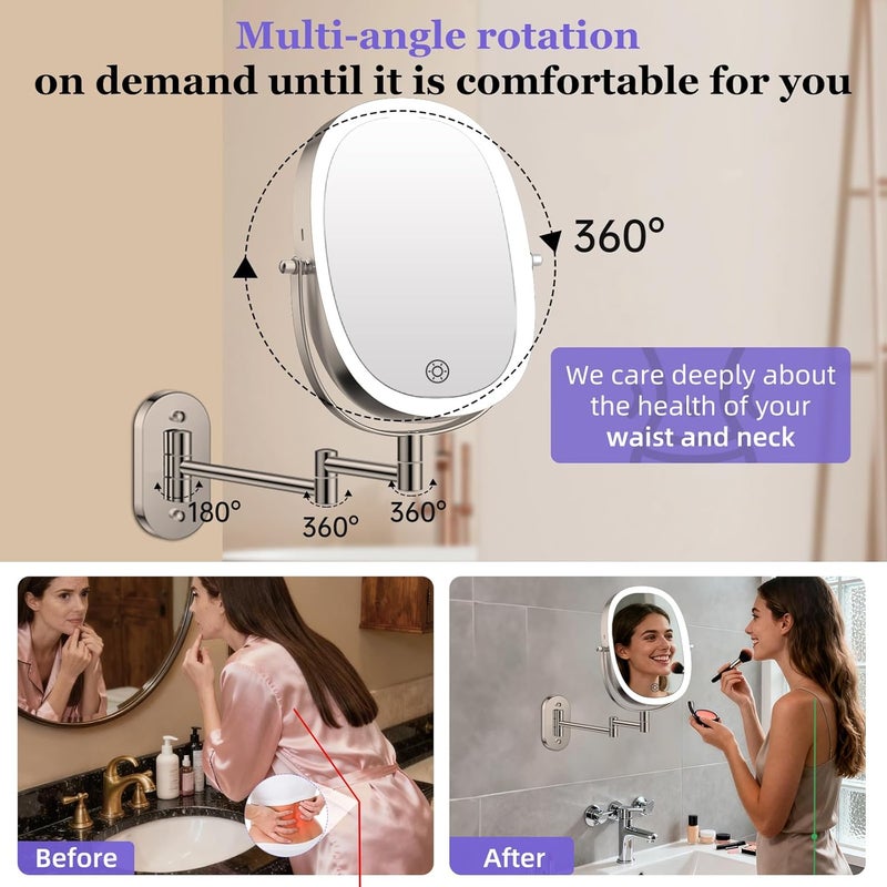 FUNTOUCH 30X/1X Wall Mounted Lighted Makeup Mirror,5000mAh Rechargeable Double Sided Magnifying Bathroom Lighted Mirror, 3 Color Modes Touch Dimmable Extended Arm 360 Rotation, Brush Nickel - Image 5