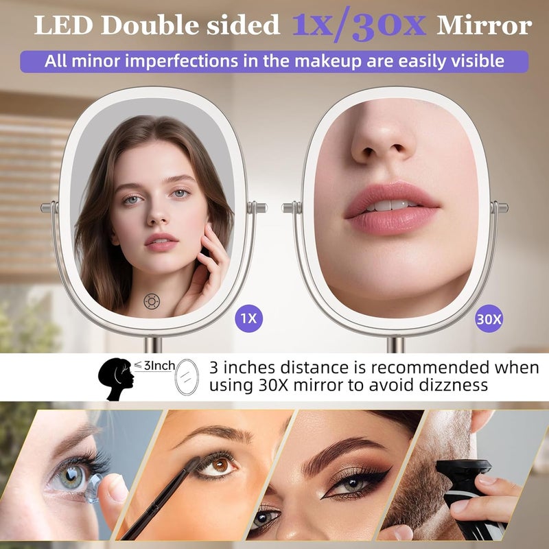 FUNTOUCH 30X/1X Wall Mounted Lighted Makeup Mirror,5000mAh Rechargeable Double Sided Magnifying Bathroom Lighted Mirror, 3 Color Modes Touch Dimmable Extended Arm 360 Rotation, Brush Nickel - Image 3