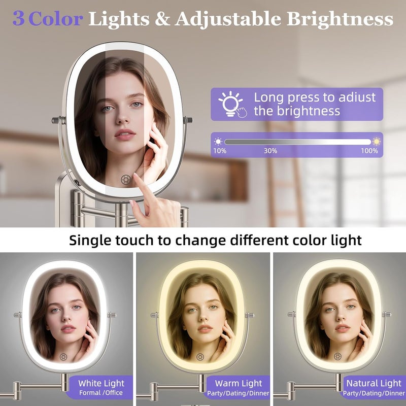 FUNTOUCH 30X/1X Wall Mounted Lighted Makeup Mirror,5000mAh Rechargeable Double Sided Magnifying Bathroom Lighted Mirror, 3 Color Modes Touch Dimmable Extended Arm 360 Rotation, Brush Nickel - Image 4