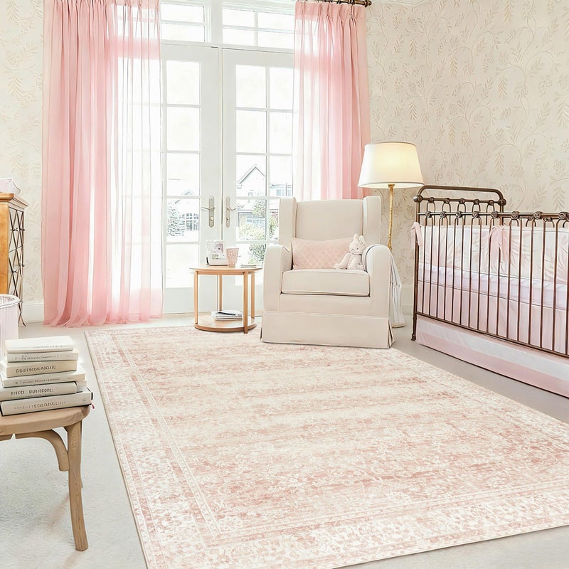 BILEEHOME Pink Area Rug for Living Room Low Pile Soft 8 x 10 Carpet with Non Slip Washable Neutral Boho Floral Rugs for Hardwood Floor Protector Extra Large Area Rugs 8x10 for Big Nursery Bedroom Livingroom - Image 1