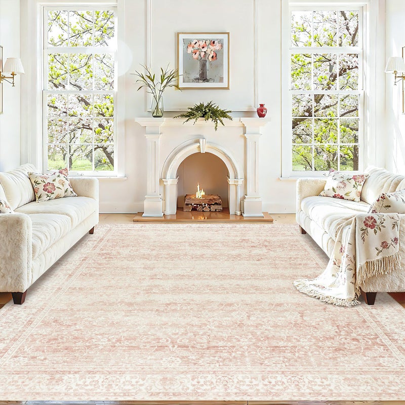 BILEEHOME Pink Area Rug for Living Room Low Pile Soft 8 x 10 Carpet with Non Slip Washable Neutral Boho Floral Rugs for Hardwood Floor Protector Extra Large Area Rugs 8x10 for Big Nursery Bedroom Livingroom - Image 2