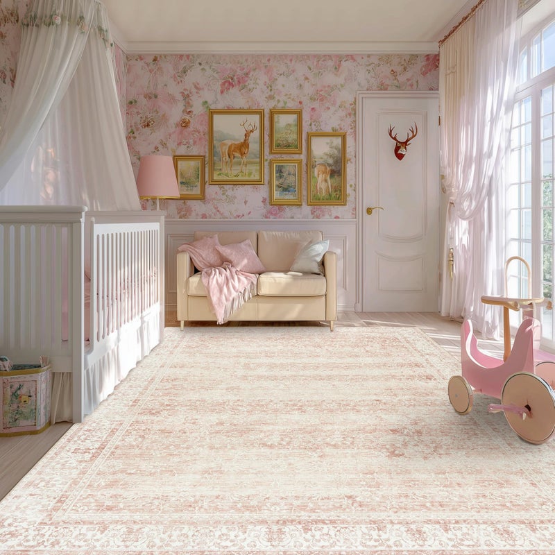 BILEEHOME Pink Area Rug for Living Room Low Pile Soft 8 x 10 Carpet with Non Slip Washable Neutral Boho Floral Rugs for Hardwood Floor Protector Extra Large Area Rugs 8x10 for Big Nursery Bedroom Livingroom - Image 5