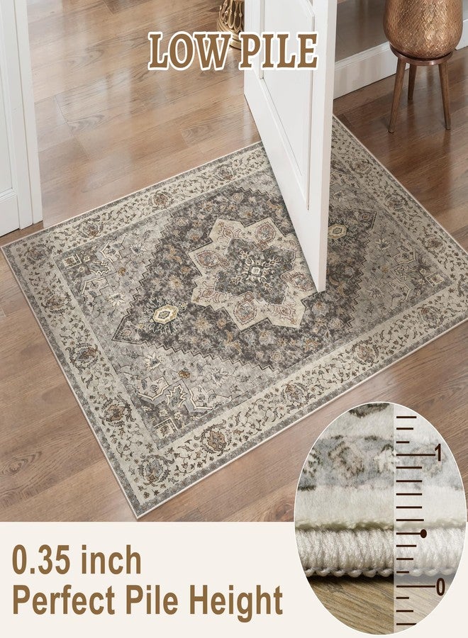 Tangsoo Vintage Round Rug 4ft Washable Circle Rug, Non Slip Small Boho Round Rug, Low Pile Circular Rugs, Round Carpet for Bedroom,Entryway,Nursery,Dorm,Kitchen,Grey/Multi - Image 3