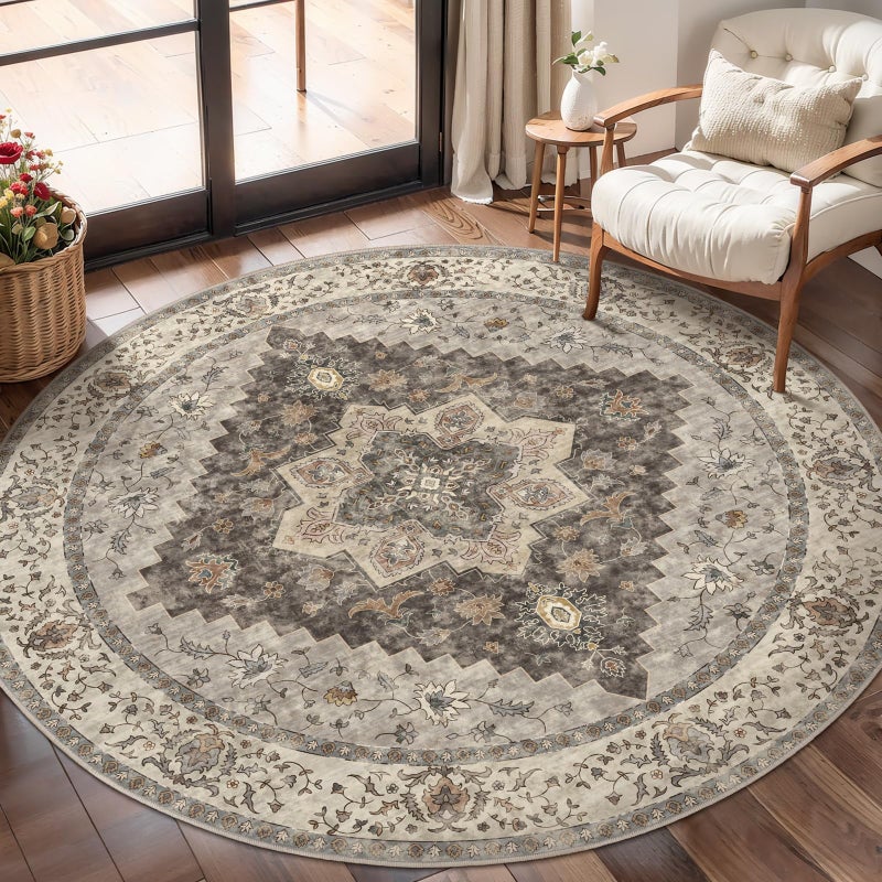 Tangsoo Vintage Round Rug 4ft Washable Circle Rug, Non Slip Small Boho Round Rug, Low Pile Circular Rugs, Round Carpet for Bedroom,Entryway,Nursery,Dorm,Kitchen,Grey/Multi - Image 1