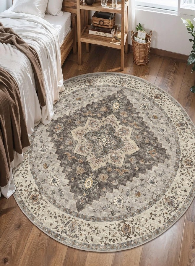 Tangsoo Vintage Round Rug 4ft Washable Circle Rug, Non Slip Small Boho Round Rug, Low Pile Circular Rugs, Round Carpet for Bedroom,Entryway,Nursery,Dorm,Kitchen,Grey/Multi - Image 5