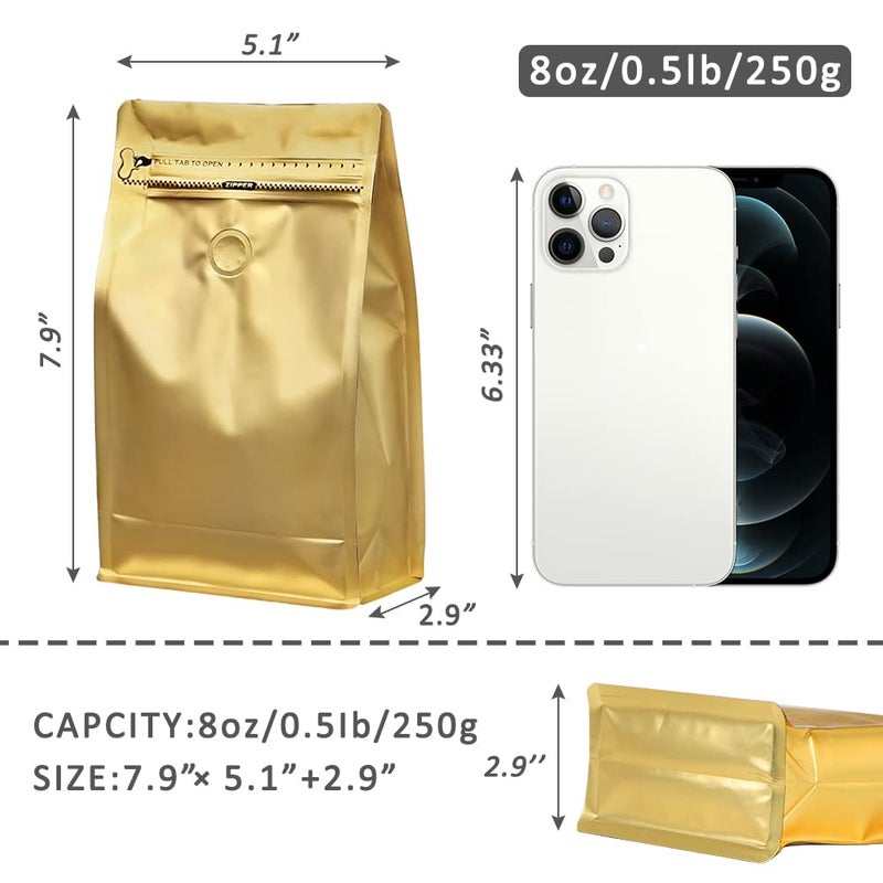 REMTAP Coffee Bags with Valve(50pcs 8oz) Golden High Barrier Aluminumed Foil Flat Bottom Standing Coffee Beans Storage Bags Reusable Heat Sealable Side Zipper Pouches for Home or Store - Image 2