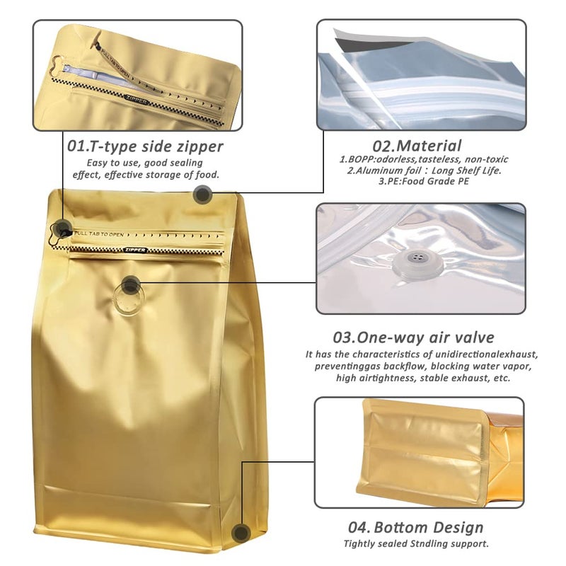 REMTAP Coffee Bags with Valve(50pcs 8oz) Golden High Barrier Aluminumed Foil Flat Bottom Standing Coffee Beans Storage Bags Reusable Heat Sealable Side Zipper Pouches for Home or Store - Image 3