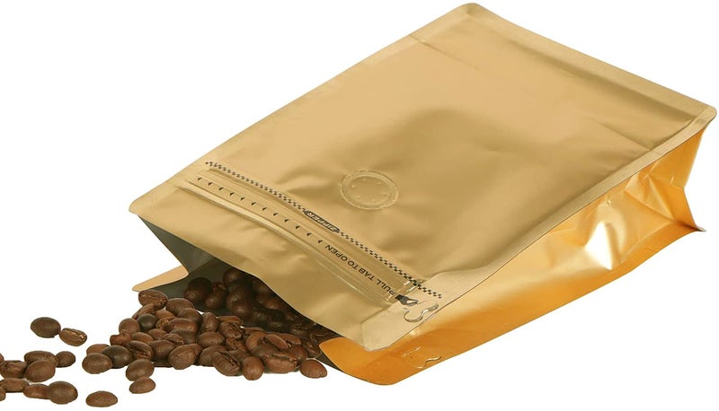 REMTAP Coffee Bags with Valve(50pcs 8oz) Golden High Barrier Aluminumed Foil Flat Bottom Standing Coffee Beans Storage Bags Reusable Heat Sealable Side Zipper Pouches for Home or Store - Image 4