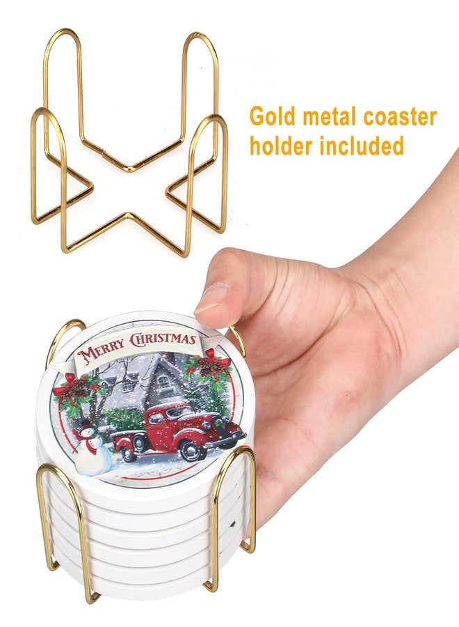 Deceram 6 Pcs Merry Christmas Absorbent Coasters Gift with Holder Cool Xmas Drink Coasters Coffee Table Decor Coster Cute Modern Cup Coaster Set Funny Vintage Bar Desk Kitchen Accessories - Image 5