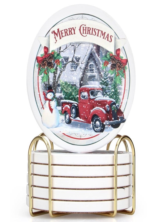 Deceram 6 Pcs Merry Christmas Absorbent Coasters Gift with Holder Cool Xmas Drink Coasters Coffee Table Decor Coster Cute Modern Cup Coaster Set Funny Vintage Bar Desk Kitchen Accessories - Image 1