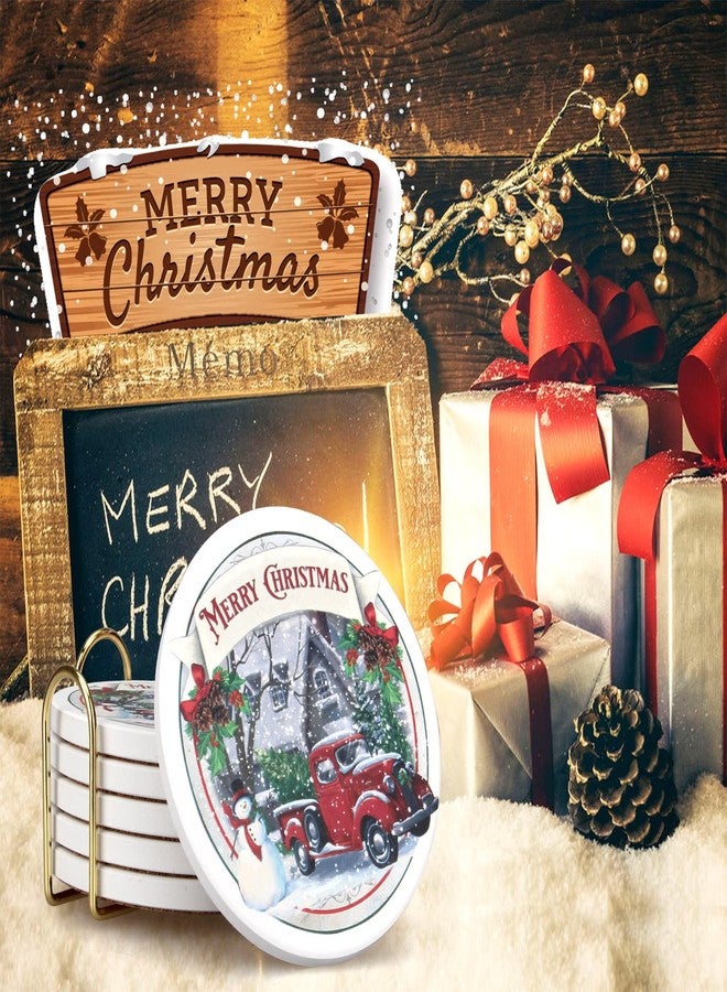Deceram 6 Pcs Merry Christmas Absorbent Coasters Gift with Holder Cool Xmas Drink Coasters Coffee Table Decor Coster Cute Modern Cup Coaster Set Funny Vintage Bar Desk Kitchen Accessories - Image 2