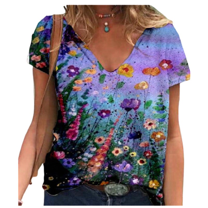 2021 Summer wish Butterfly Printed Short-sleeved V-neck Women's Loose T-shirt - Image 5