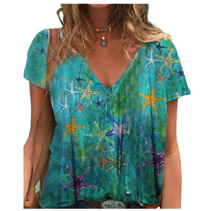 2021 Summer wish Butterfly Printed Short-sleeved V-neck Women's Loose T-shirt - Image 3