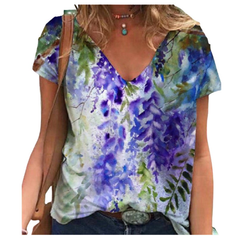 2021 Summer wish Butterfly Printed Short-sleeved V-neck Women's Loose T-shirt - Image 4