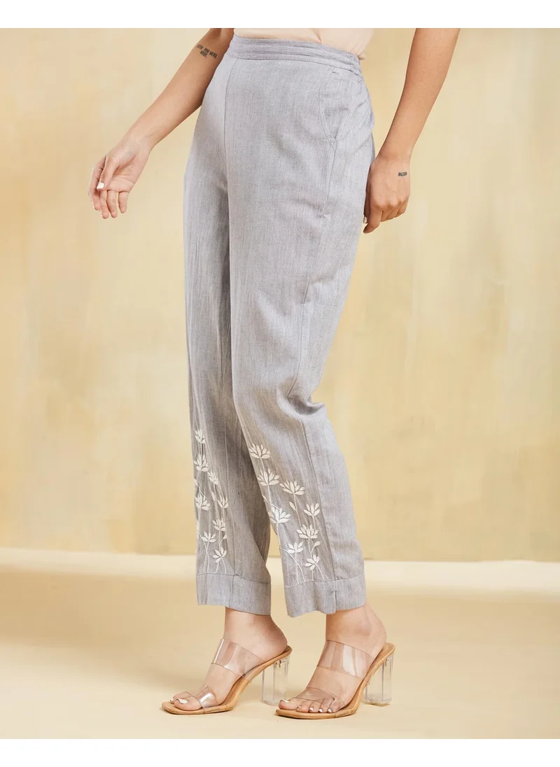 فاب انديا Grey Cotton Slim Fit Chikankari Pant Casual