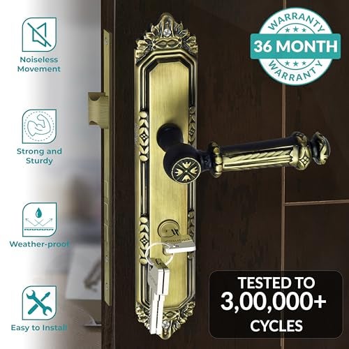 Plantex Heavy-Duty Door Lock Set - Main Door Lock Handle Set/ 6-Lever Lock Mechanism with 3 Years of Warranty/Mortise Lock with 3 Keys, Brass Lock Body & Cylinder(596 - Brass Antique) - Image 2